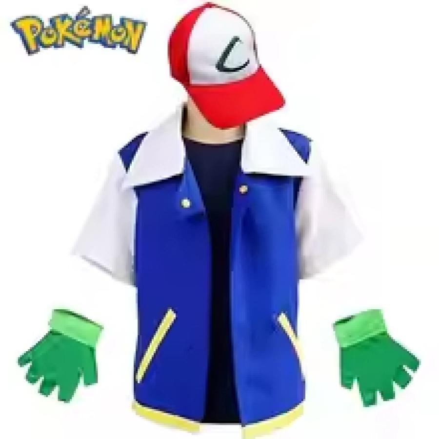 Anime Blue Jacket Pokemon Men Cosplay Costume Boys Ash Ketchum For Halloween Party Trainer Gloves And Cap Set Toy Gift