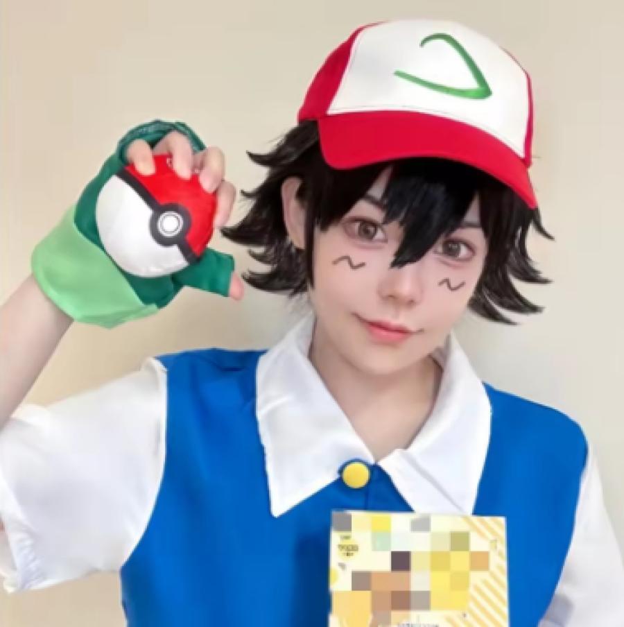 Hot Pokemon Blue Jacket Men Cosplay Costume Boys Ash Ketchum For Halloween Party Trainer Gloves And Cap Set Christmas Gifts