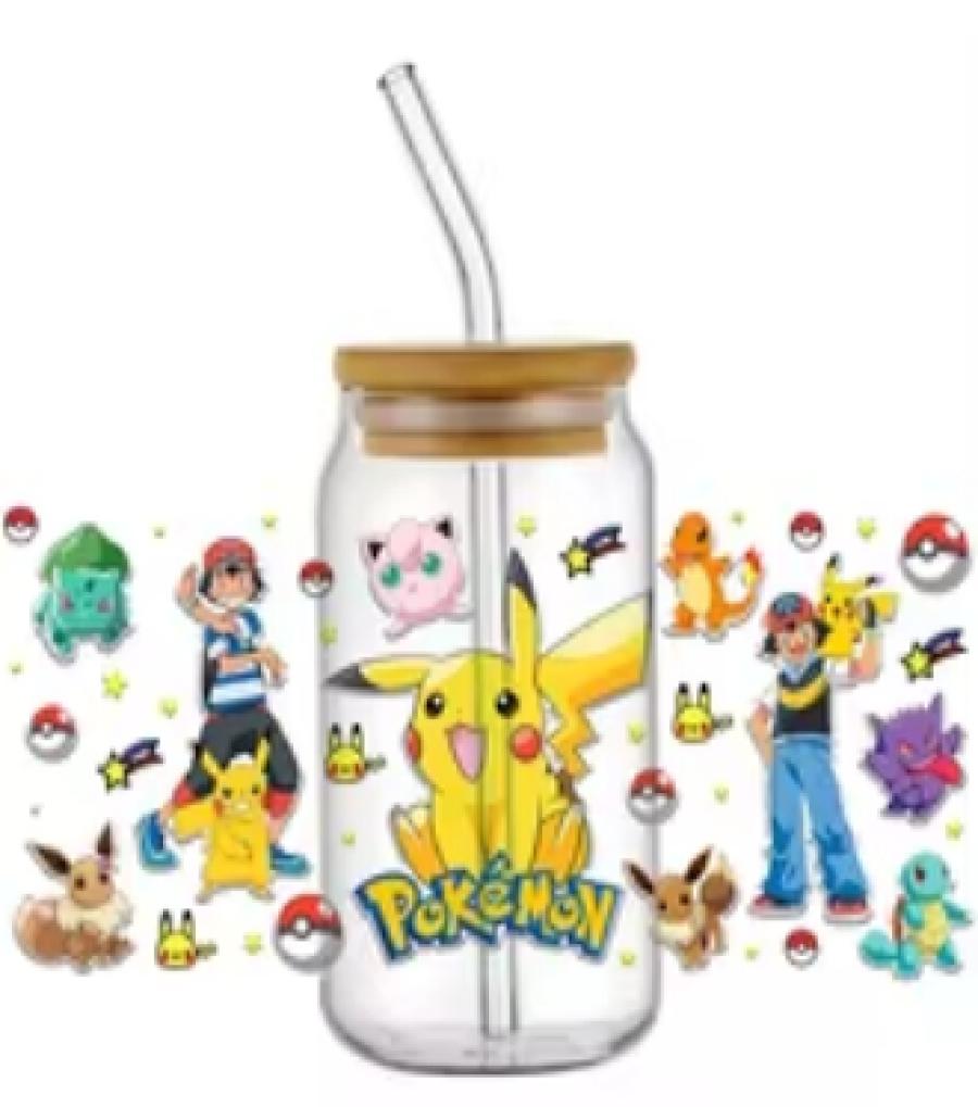 Miniso pokemon Ash Ketchum and best friend For Libbey 16oz Can Glass 3D Waterproof UV DTF Coffee Can Wrap Libbey Glass Wrap