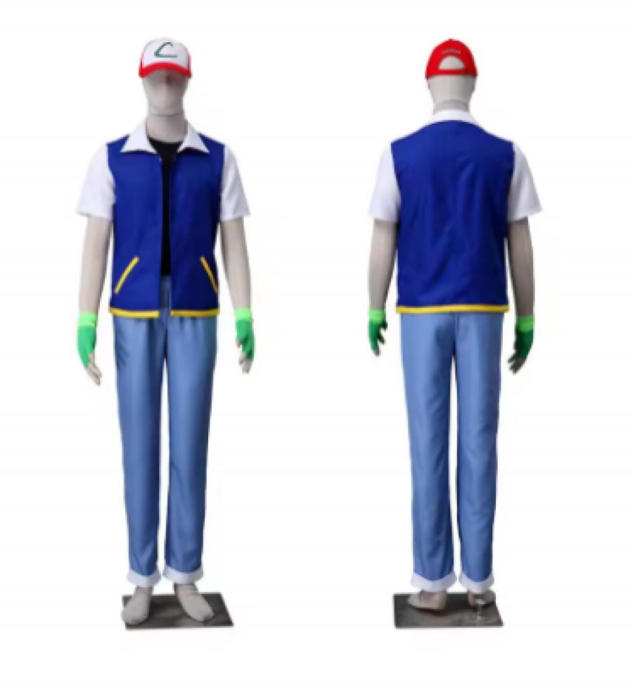 Customized Ash Ketchum Halloween Cosplay Costume Jacket Gloves Hat Set for Adult and Kids