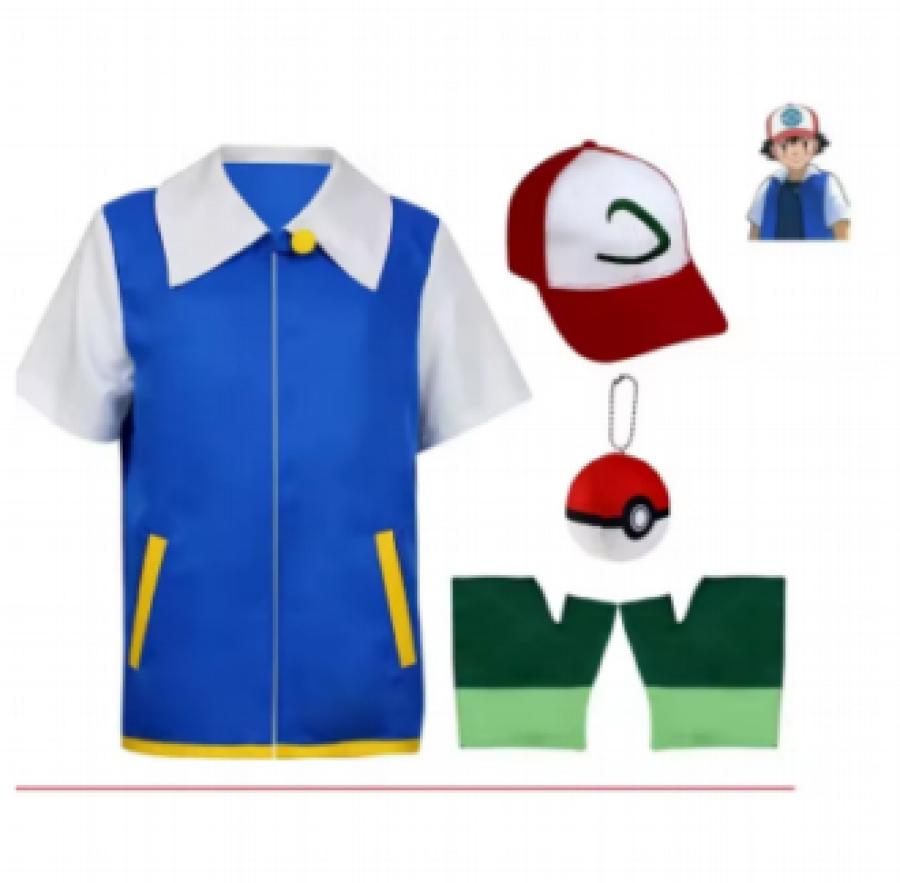 Men Anime Blue Jackets Girls Boys Ash Ketchum Cosplay Costume Halloween Coach Hat Gloves Adjustable Baseball Cap Cosplay Coat