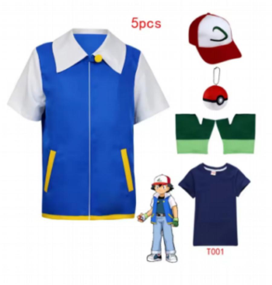 kids pet Anime Blue Jacket Costume Boys Girls Ash Ketchum Cosplay for Halloween Party Trainer Cap and Gloves Set 4 6 8 10 12year