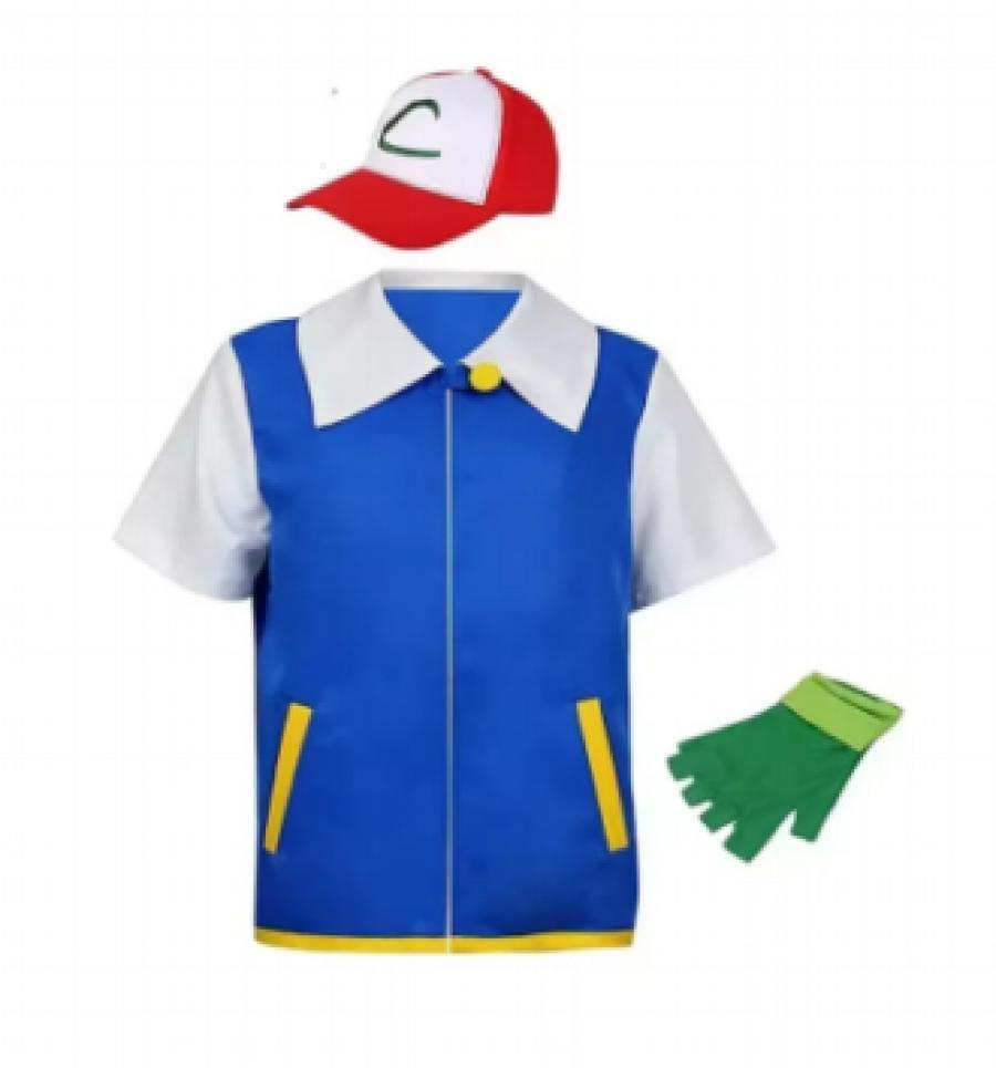 TAKARA TOMY Pokemon Ash Ketchum Cosplay Costume Blue Coat Hat Gloves Set Anime Halloween Costumes Clothes Jacket Outfits