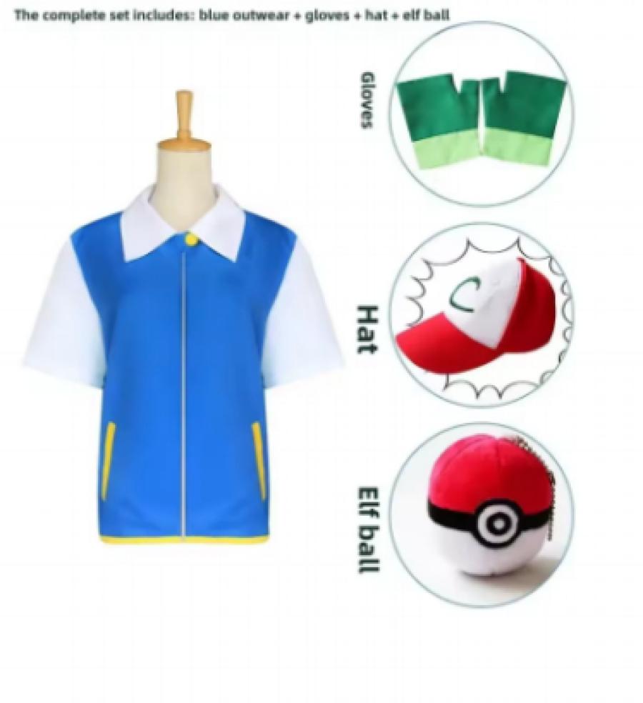 Ash Ketchum Anime Trainer Cosplay Traje para homens e mulheres, jaqueta azul, boné e luvas, festa de Halloween cosplay