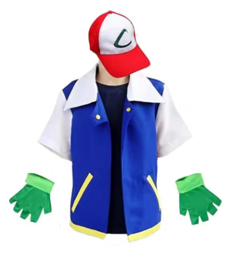 Anime Ash Ketchum Clothes Men Blue Jacket Costume Boys Girls Cosplay for Party Trainer Pokemon Cap Gloves Set Pokemon Cosplay