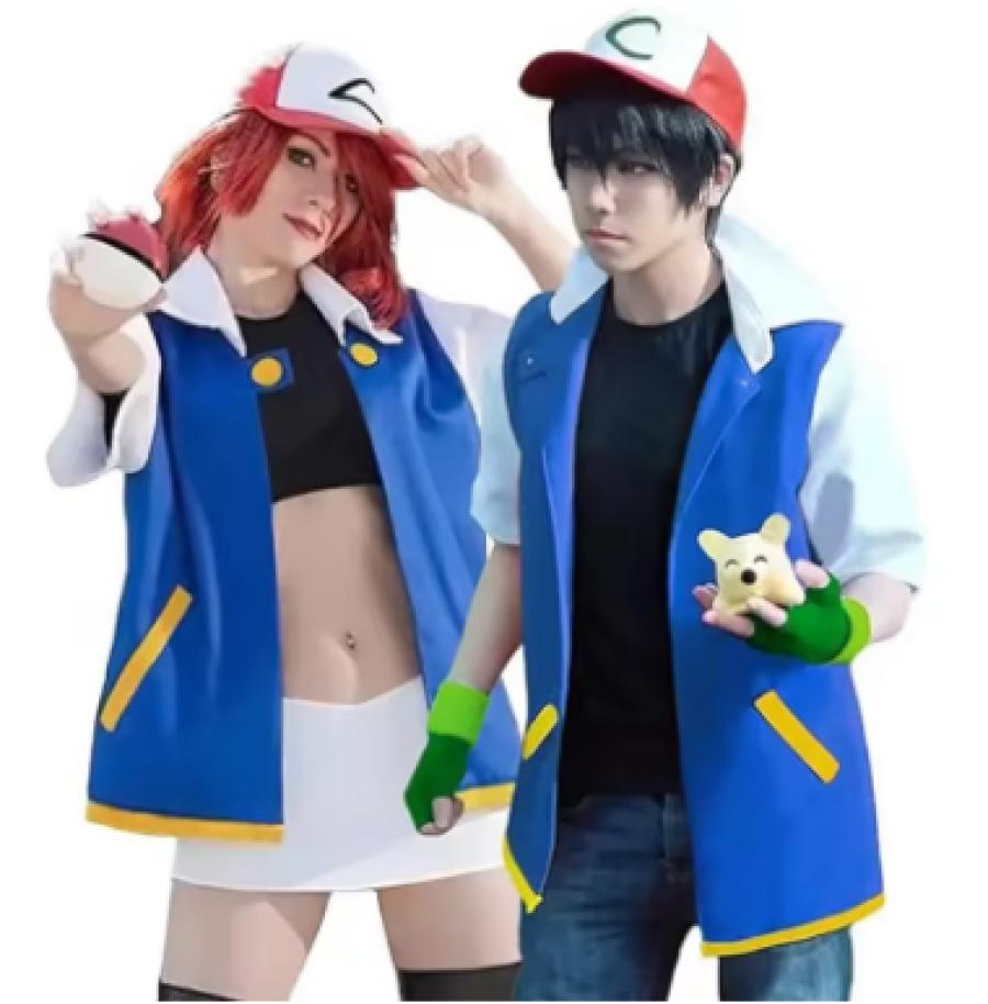 Men Anime Trainer Cosplay Costume Boys Ash Ketchum Adult for Girls Halloween Women Disfraz Party Blue Jacket Cap and Gloves Sets