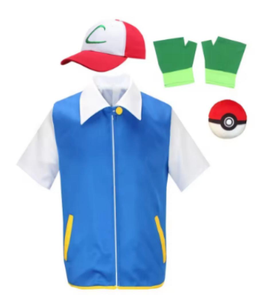 Anime Blue JacketP-PokemonING Go Men Cosplay Costume Boys Ash Ketchum For Halloween Party Trainer Gloves Cap Set Christmas Gift