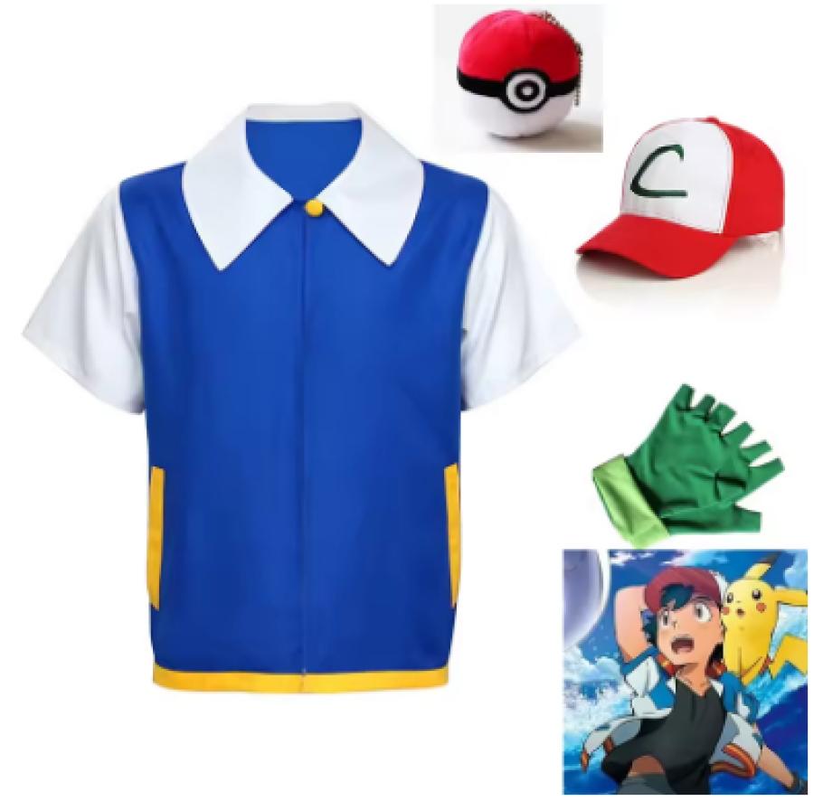 Cosplay Anime Ash Ketchum Clothes Men Blue Jacket Costume Boys Girls Cosplay for Party Trainer Pokemon Cap Gloves Set