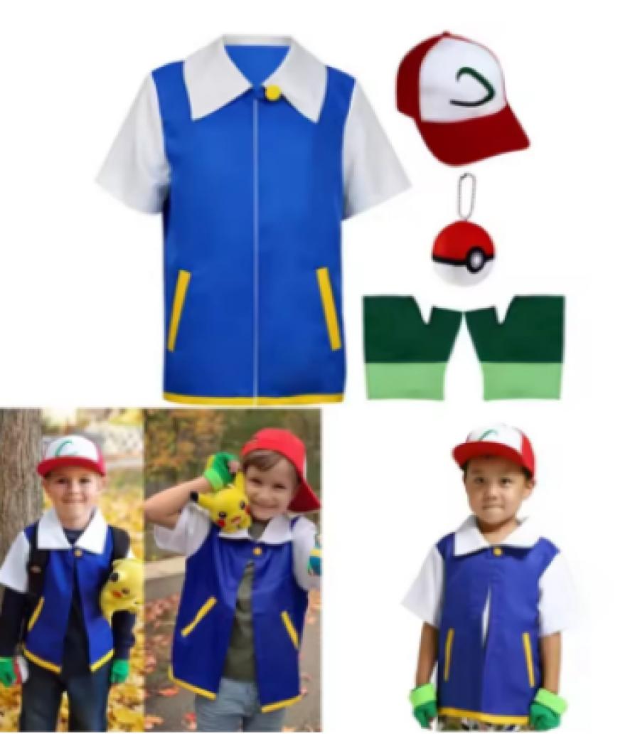 Anime Little Wisdom Elf Ball Christmas Costume Ash Ketchum Poke Kids Cosplay Costume Halloween Boys Blue Jacket Gloves Hat SET