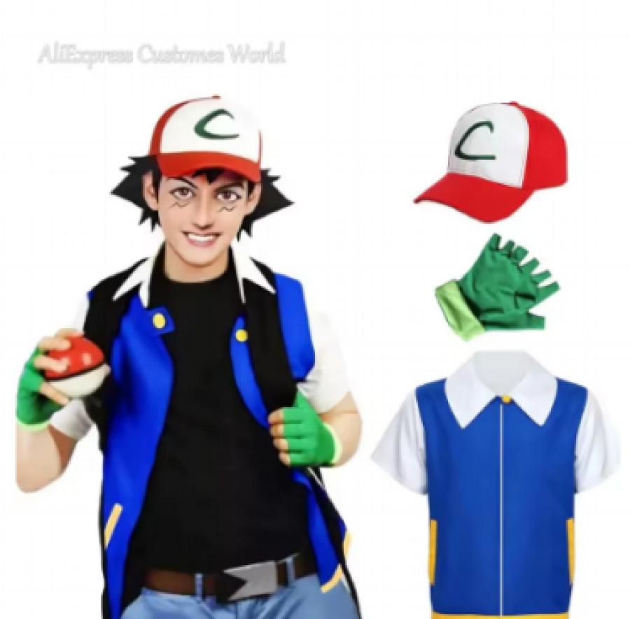 Ash Ketchum Clothes Anime Men Blue Jacket Po Ke Mon Cosplay Boys Girls Po Kemon Cosplay for Party Trainer Cap Gloves Set Costume
