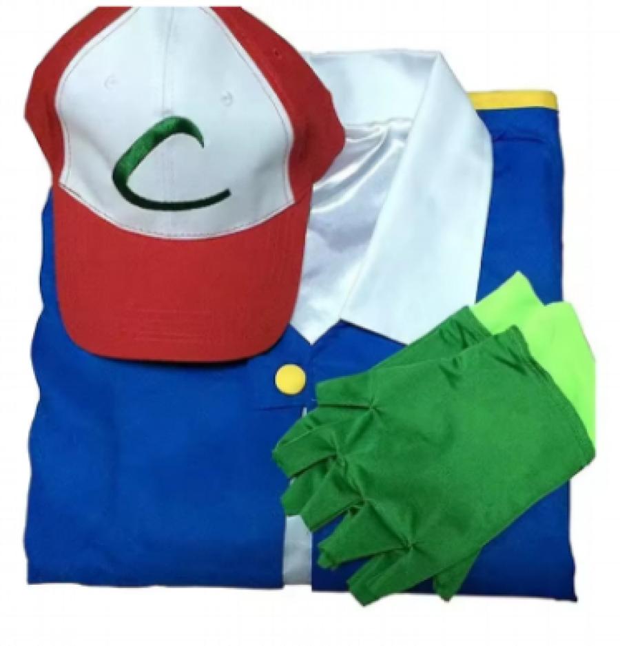 Men Anime Blue Jacket Costume Boys Girls Ash Ketchum Cosplay for Halloween Party Women Trainer Cap and Gloves Set