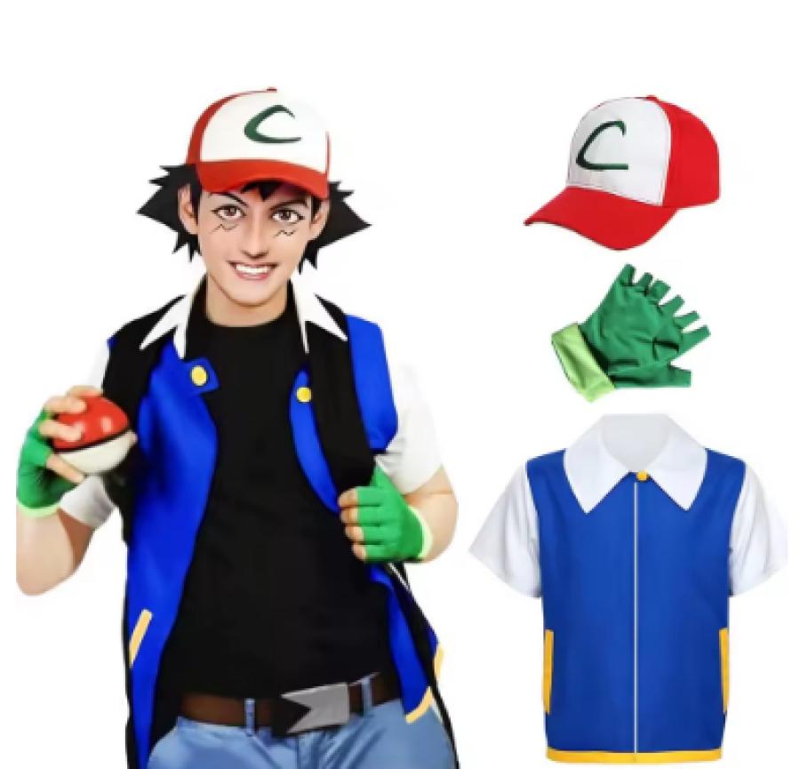 P-Pokemoning Go Anime Blue Jacket Costume Boys Girls Ash Ketchum Cosplay For Carnival Party Trainer Cap And Gloves Set