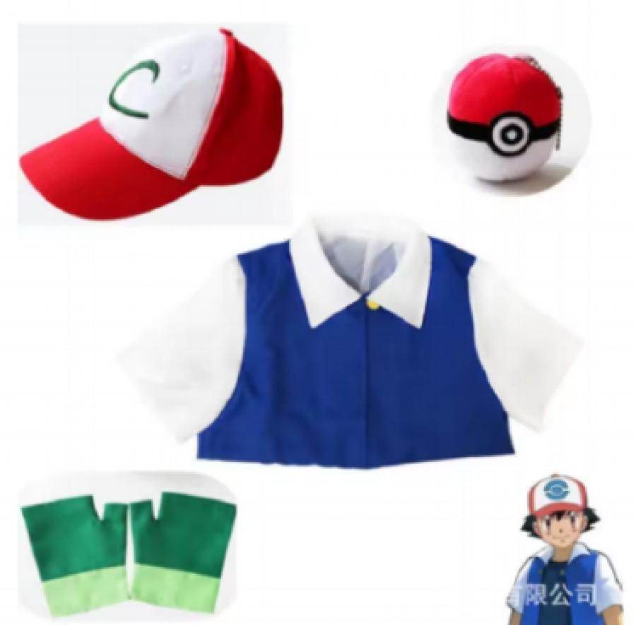 Men Anime Blue Jacket Costume Boys Girls Ash Ketchum Cosplay for Halloween Women Trainer Adjustable Baseball Cap and Gloves Set