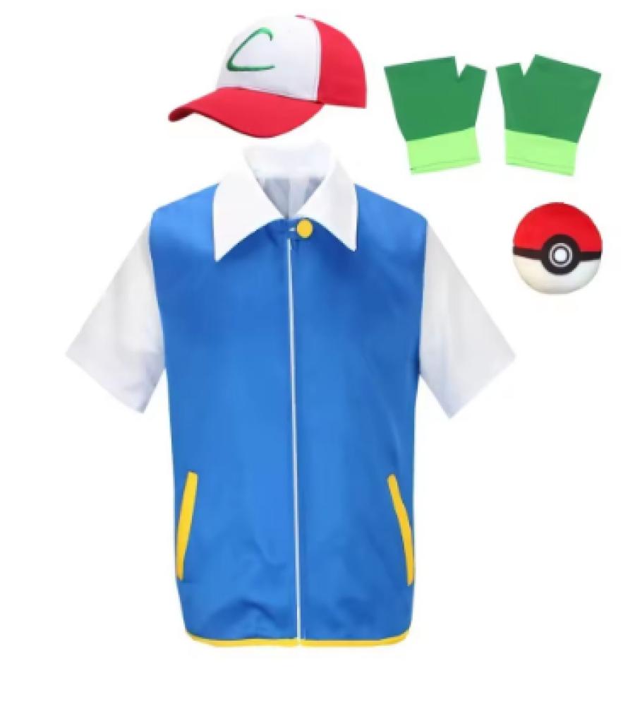 Game Pokemon Cosplay Anime Ash Ketchum Clothes Men Blue Jacket Costume Boys Girls Cosplay for Party Trainer Pokemon Cap Gloves