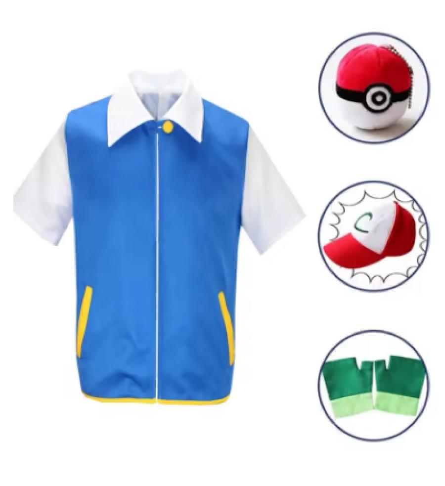 P-PokemonING Go Blue Jacket Costume Boys Girls Ash Ketchum Cosplay for carnival Party Trainer Cap and Gloves Set Adults Ki