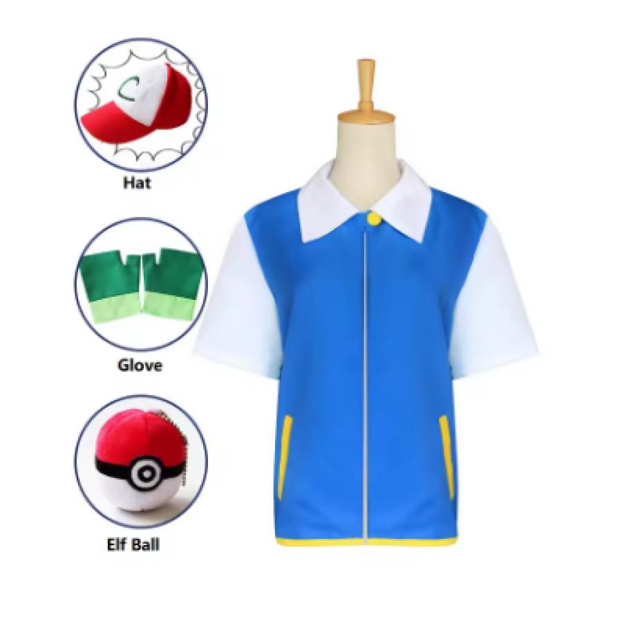 Pokemon Cosplay Anime Ash Ketchum Clothes Men Blue Jacket Costume Boys Girls Cosplay for Party Trainer Pokemon Cap Gloves Set
